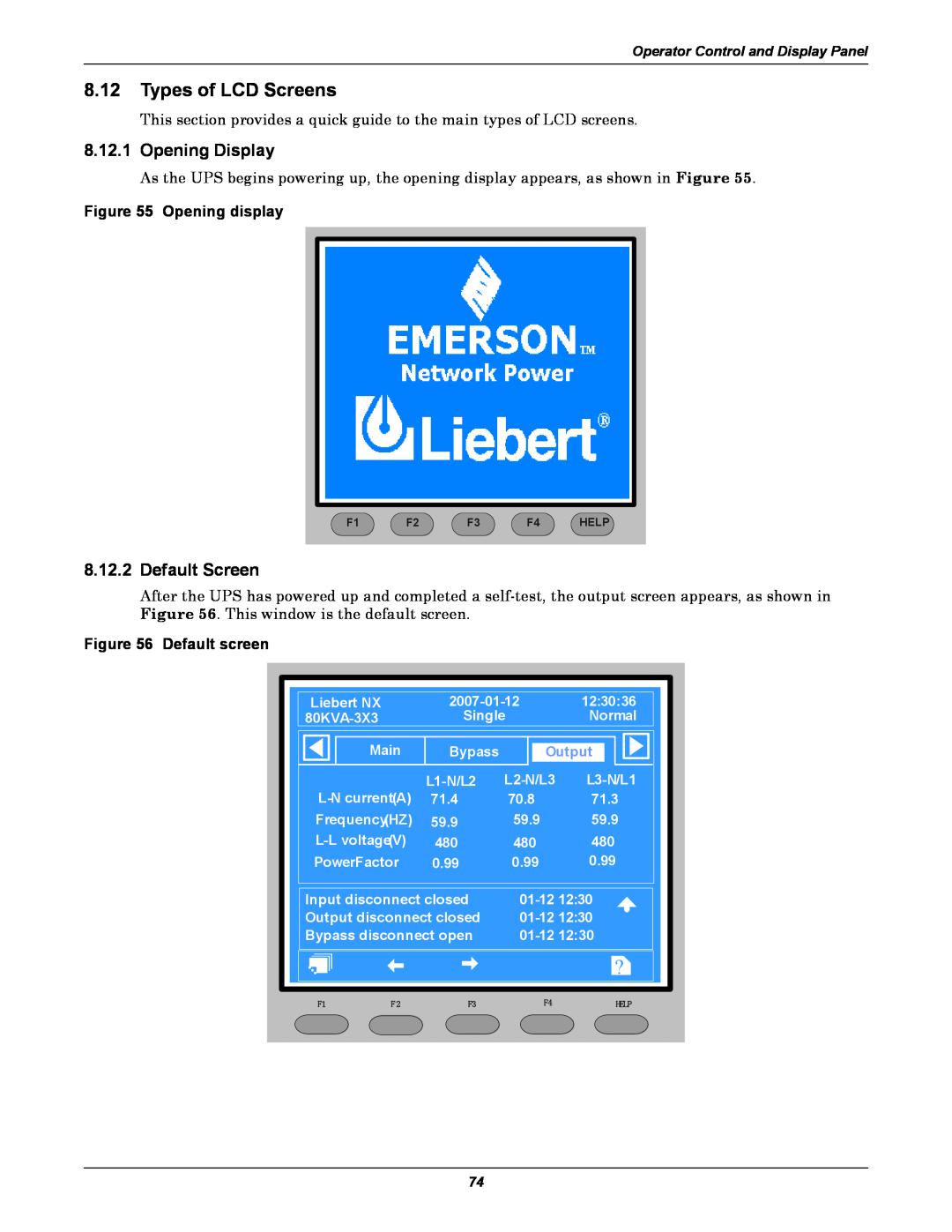 Emerson 60HZ, 480V 8.12Types of LCD Screens, 8.12.1Opening Display, 8.12.2Default Screen, Opening display, Default screen 