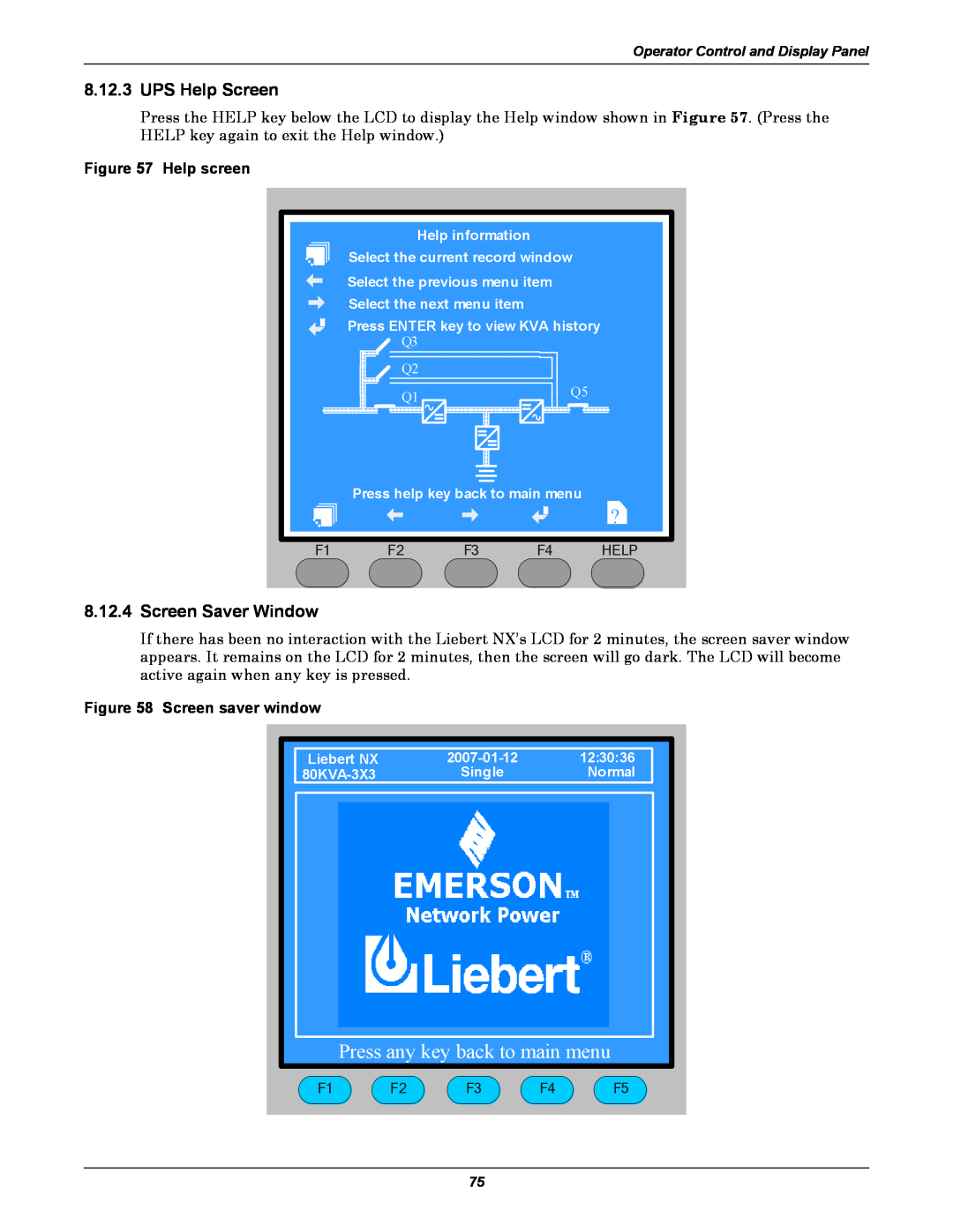 Emerson 480V, 60HZ Press any key back to main menu, 8.12.3UPS Help Screen, 8.12.4Screen Saver Window, Help screen 