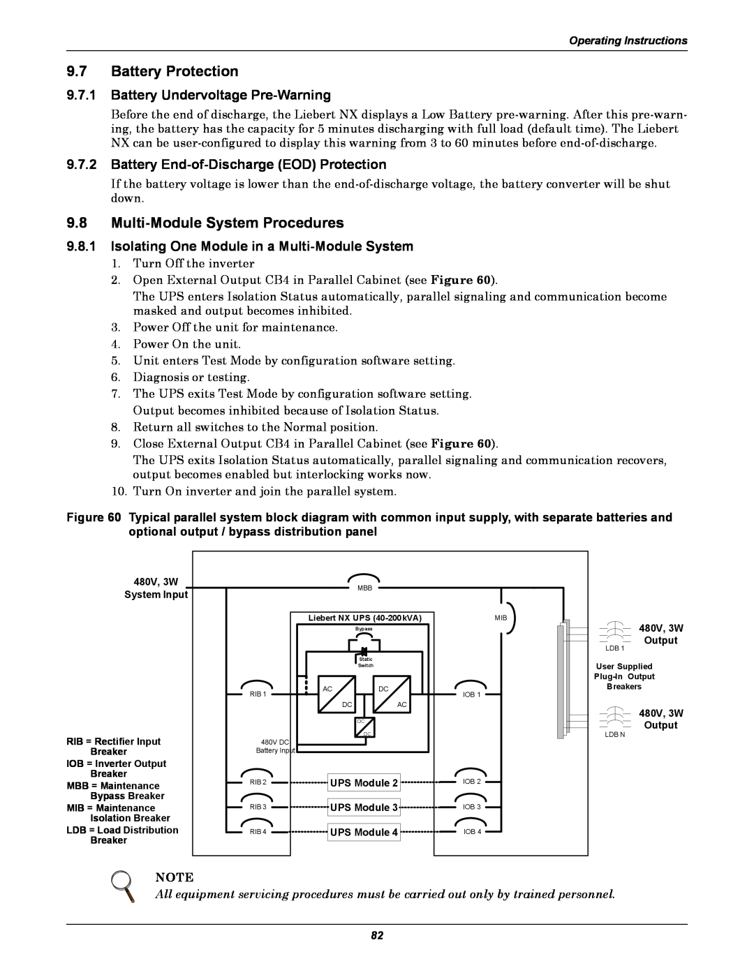 Emerson 60HZ, 480V 9.7Battery Protection, 9.8Multi-ModuleSystem Procedures, 9.7.1Battery Undervoltage Pre-Warning 
