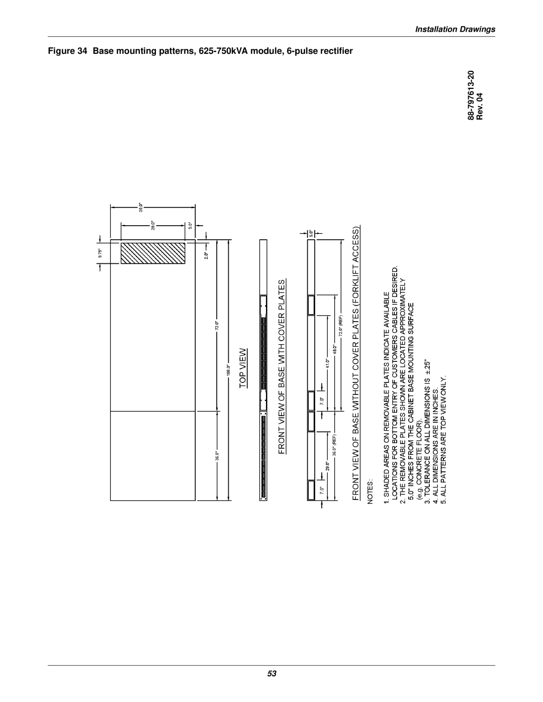 Emerson 610 installation manual Base mounting patterns, 625-750kVA module, 6-pulse rectifier 