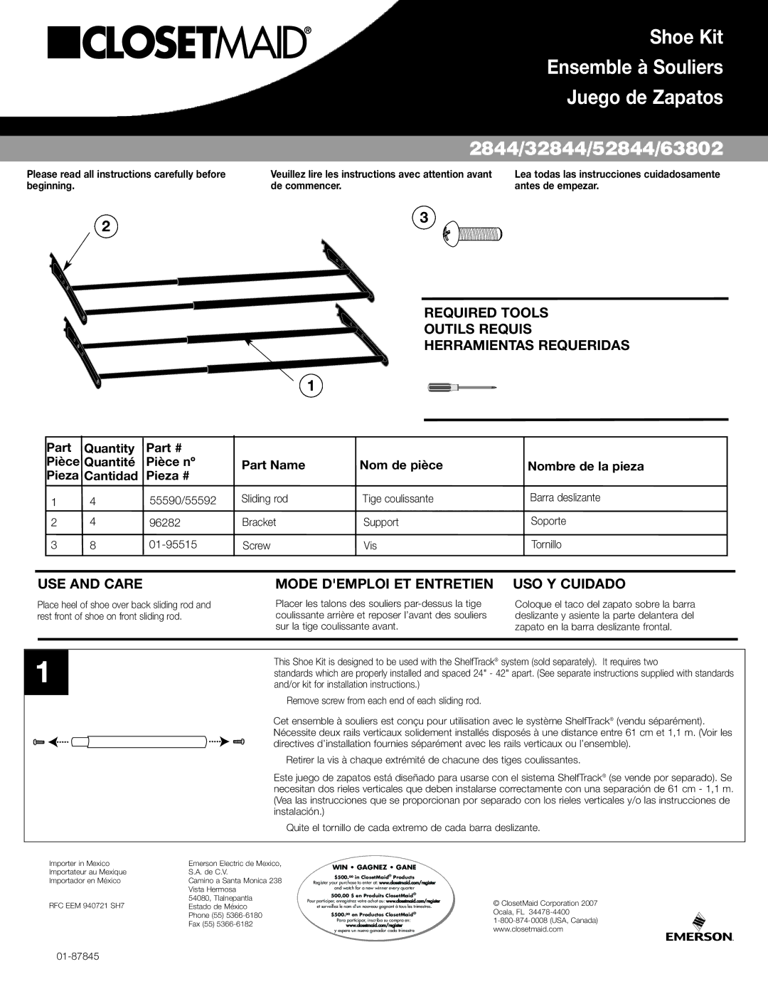 Emerson installation instructions Shoe Kit Ensemble à Souliers Juego de Zapatos, 2844/32844/52844/63802, USE and Care 