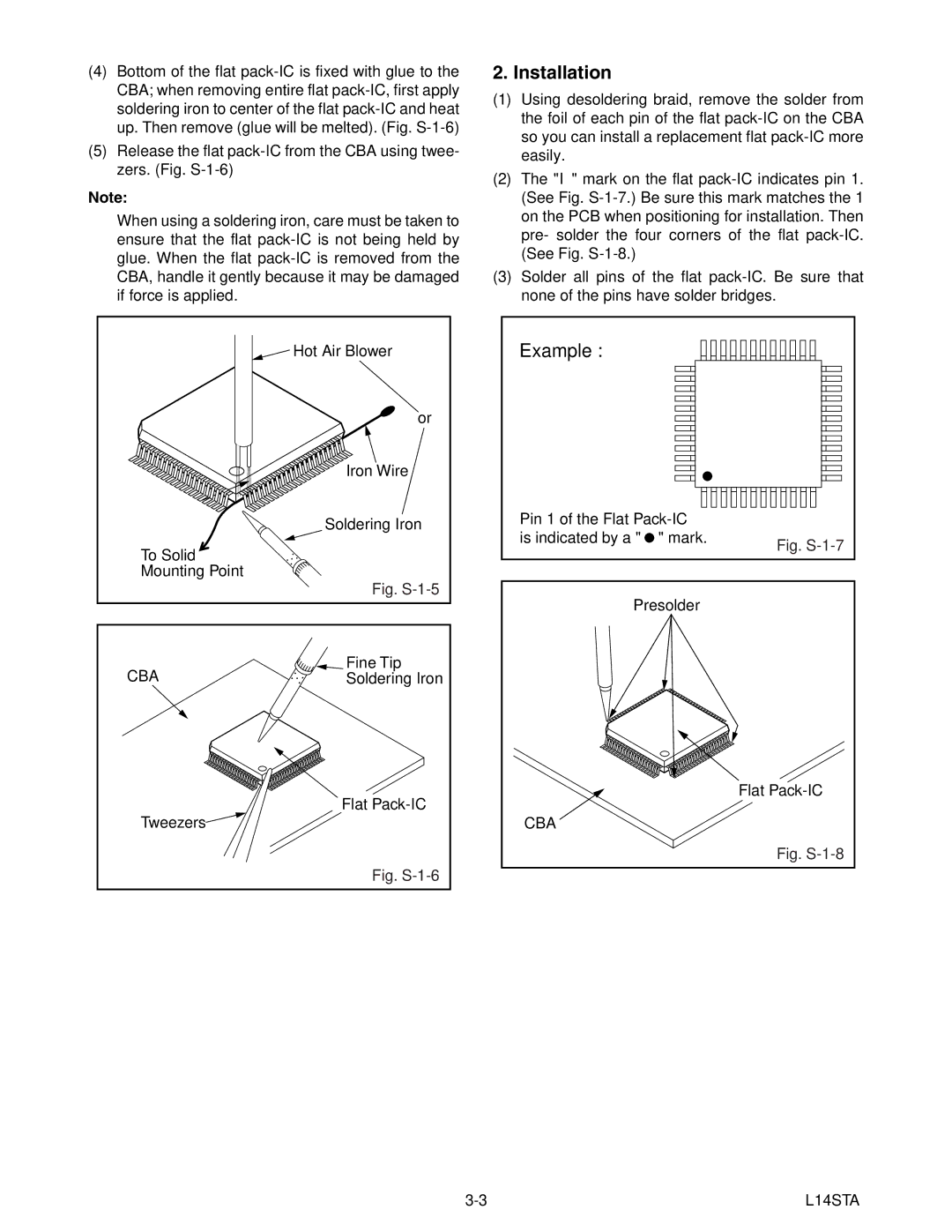 Emerson 6420FE service manual Installation, Pin 1 of the Flat Pack-IC Is indicated by a mark, Presolder 