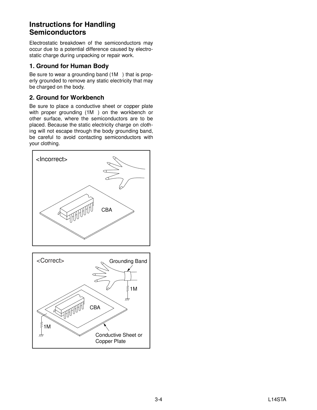 Emerson 6420FE Instructions for Handling Semiconductors, Ground for Human Body, Ground for Workbench, Incorrect, Correct 