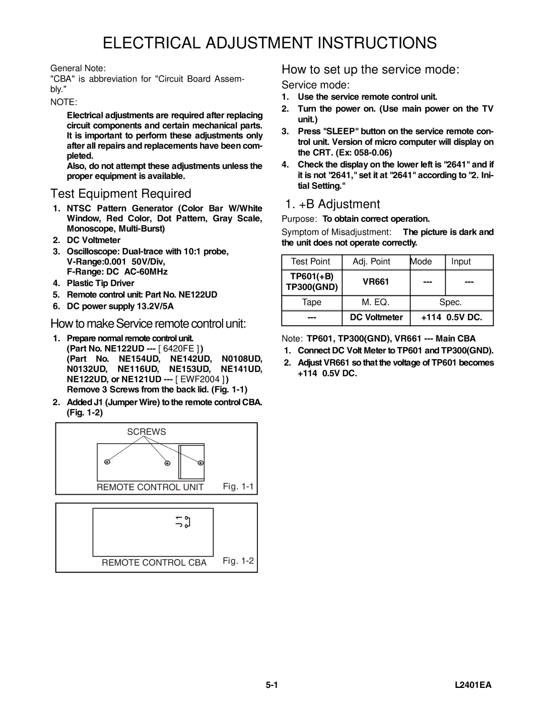 Emerson 6420FE Electrical Adjustment Instructions, Test Equipment Required, How to set up the service mode, +B Adjustment 