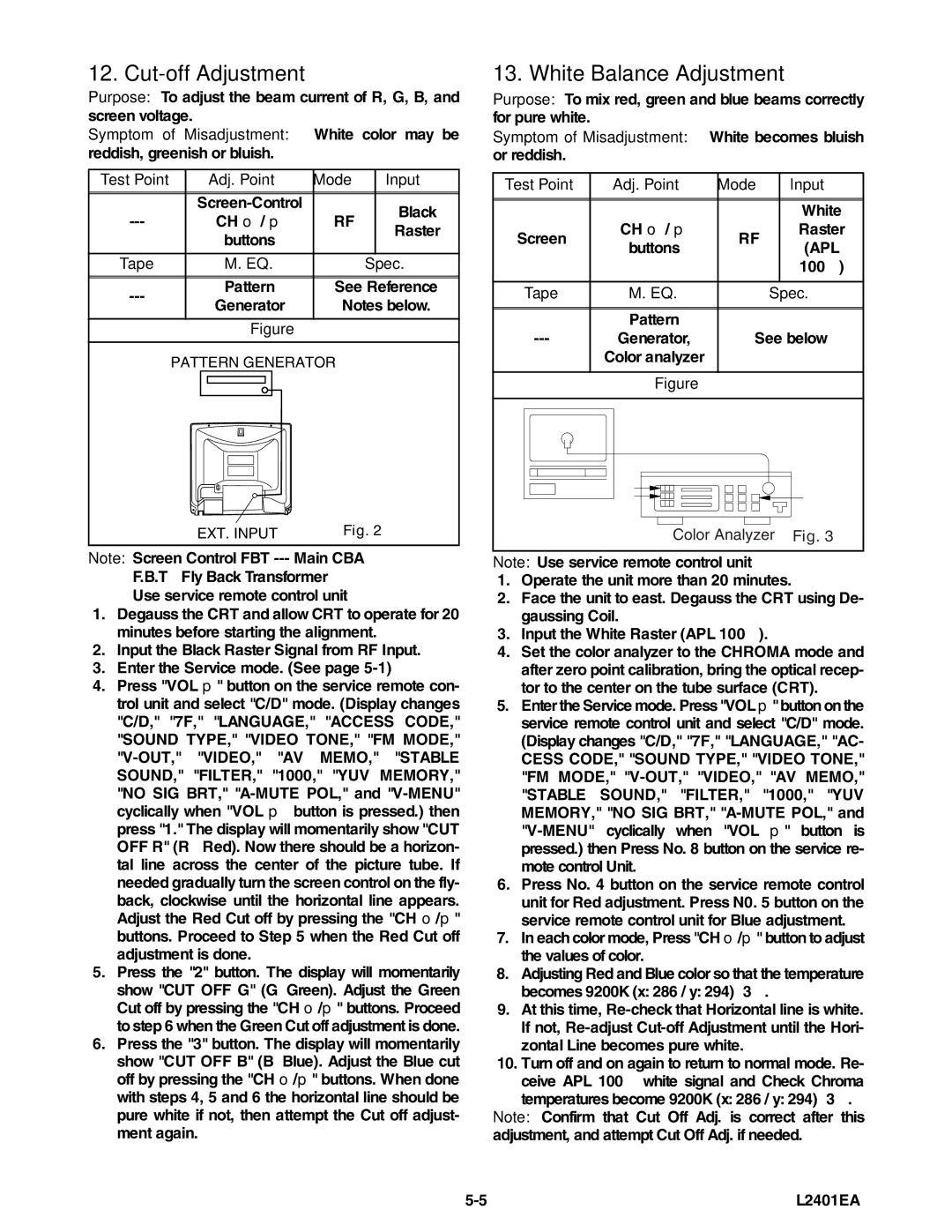 Emerson 6420FE service manual Cut-off Adjustment, White Balance Adjustment, Tape Spec, Mode Input 