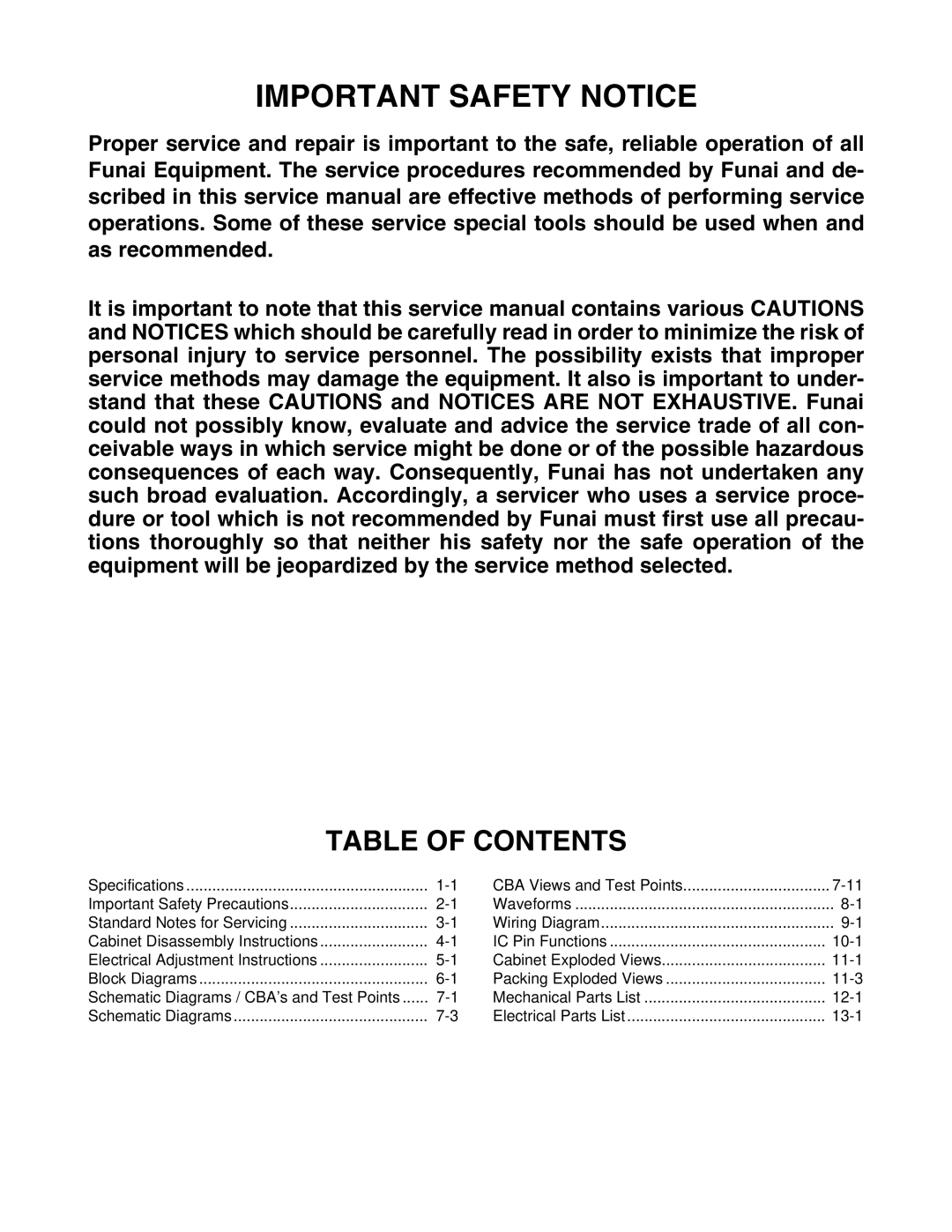 Emerson 6420FE service manual Important Safety Notice, Table of Contents 