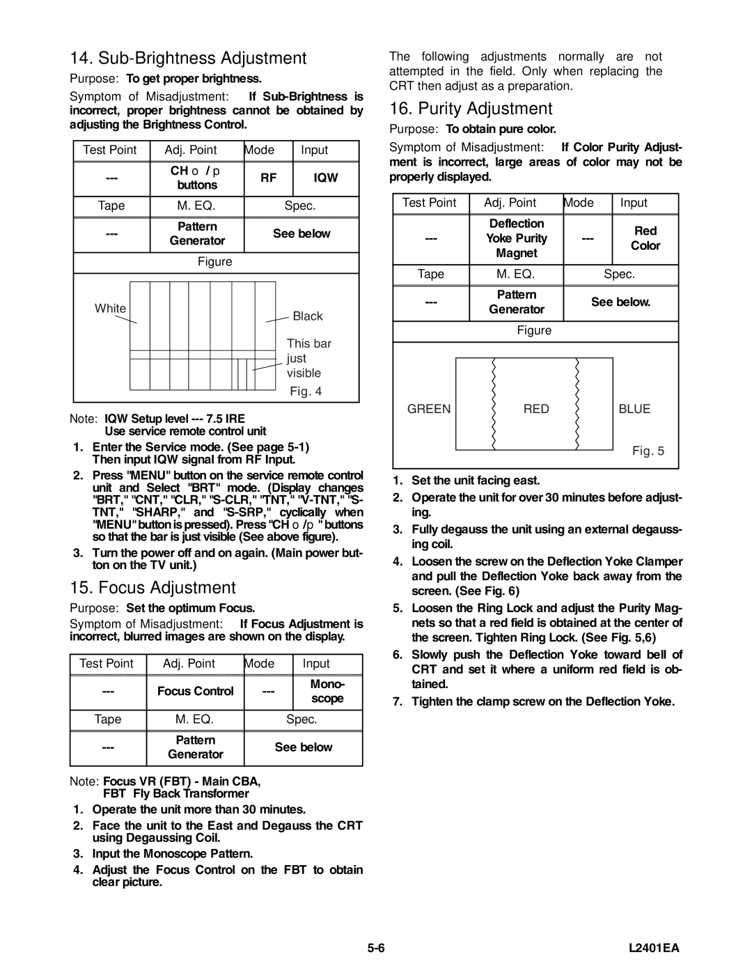 Emerson 6420FE service manual Sub-Brightness Adjustment, Focus Adjustment, Purity Adjustment 