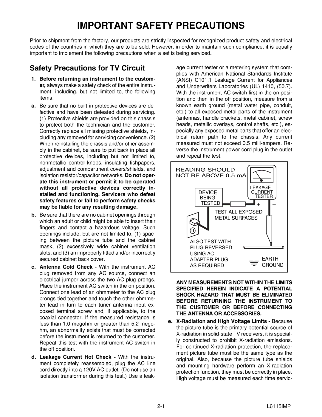 Emerson 6420FE Important Safety Precautions, Safety Precautions for TV Circuit, Not be Above 0.5 mA, L6115IMP 