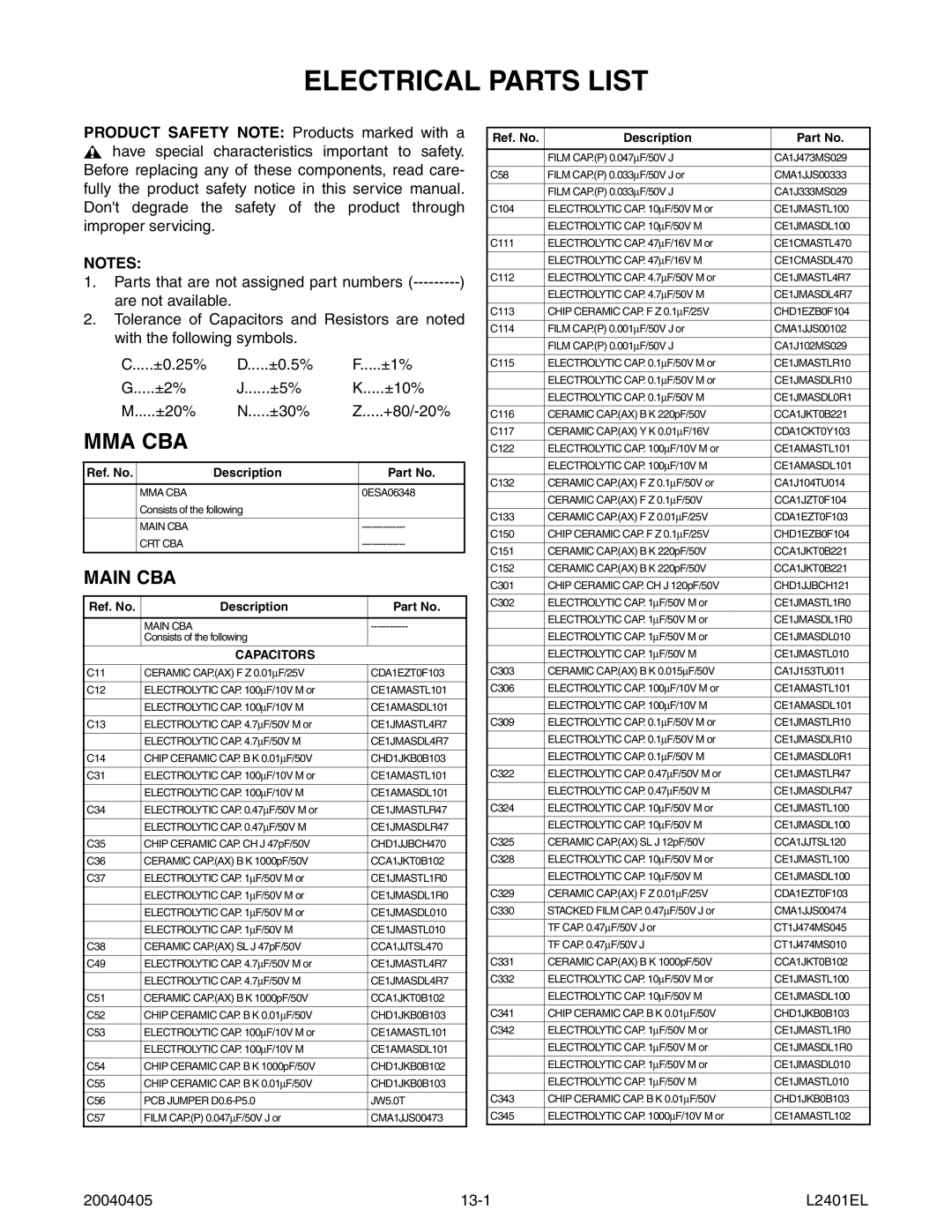 Emerson 6420FE service manual Electrical Parts List, 20040405 13-1 L2401EL 