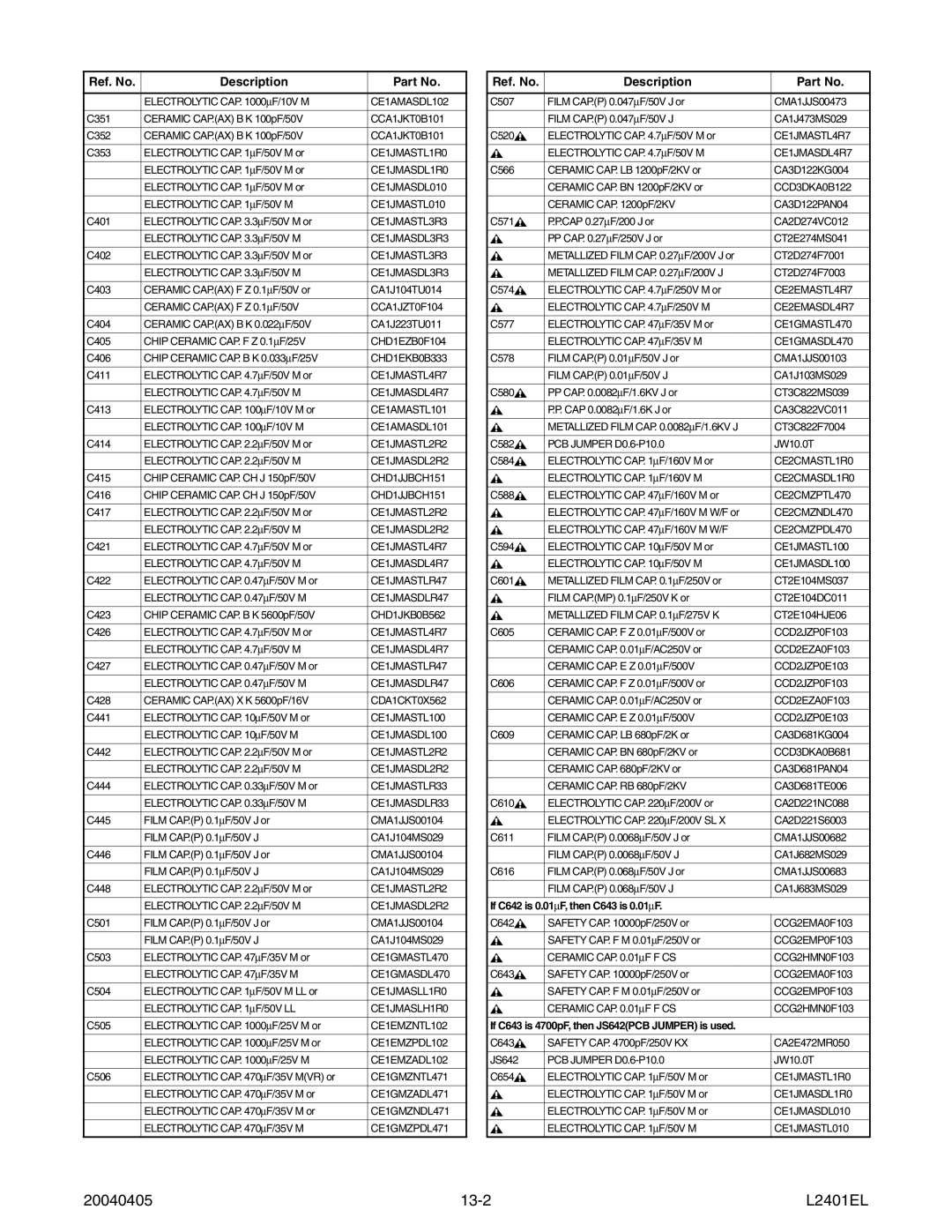 Emerson 6420FE service manual 20040405 13-2 L2401EL, Electrolytic CAP .33∝F/50V M CE1JMASDLR33 