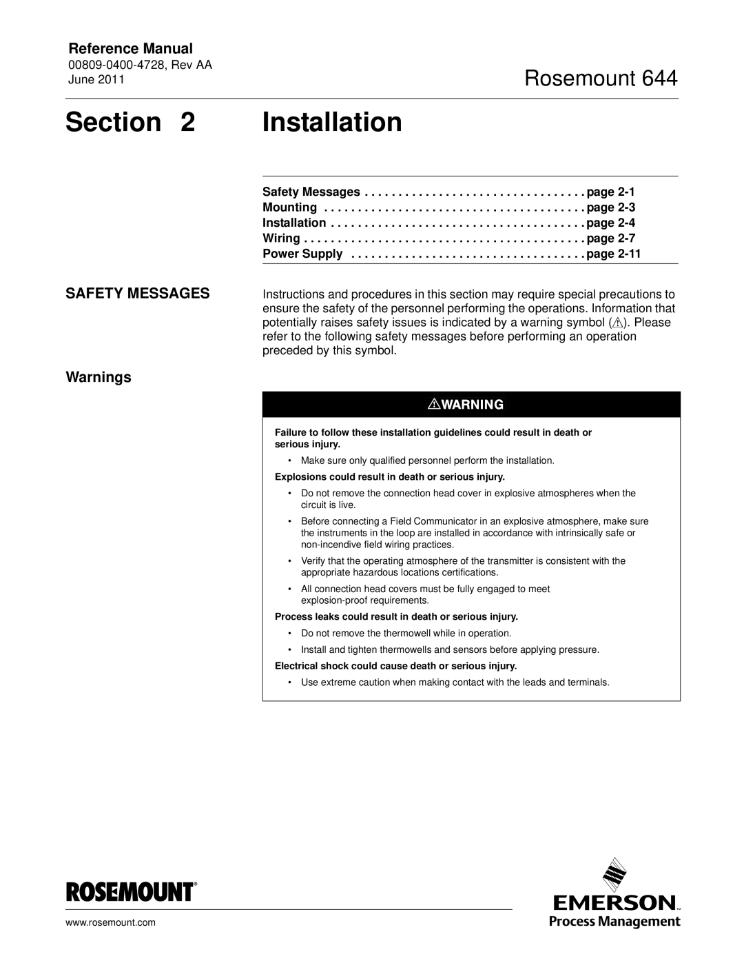 Emerson 644 manual Section Installation, Safety Messages 