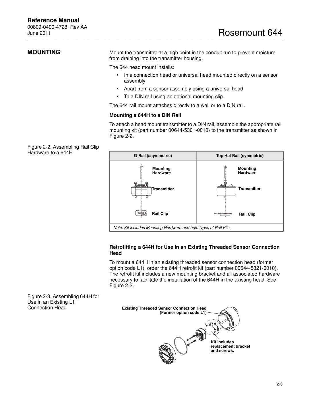 Emerson manual From draining into the transmitter housing, Mounting a 644H to a DIN Rail, Rail asymmetric 