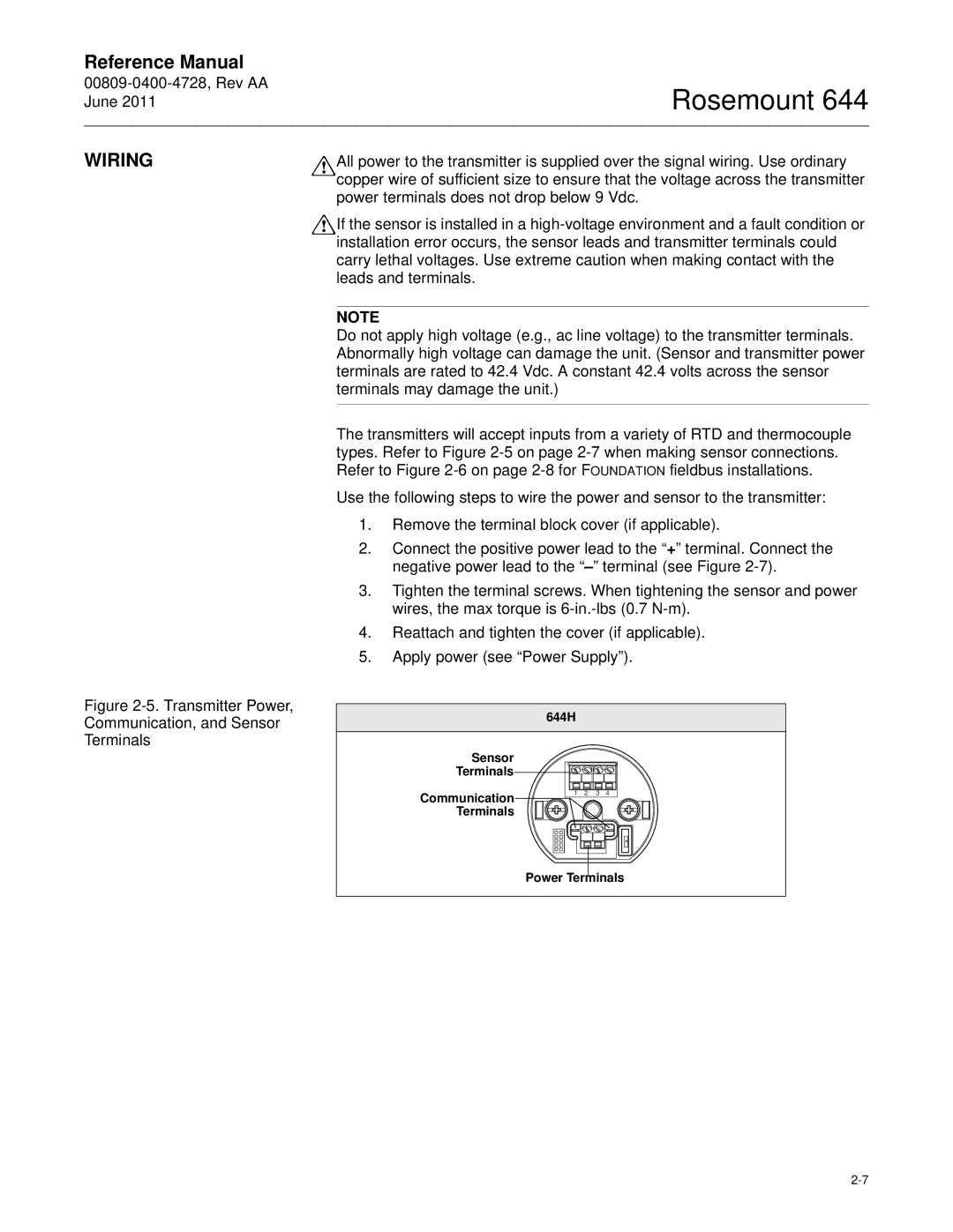 Emerson 644 manual Wiring, Power terminals does not drop below 9 Vdc 