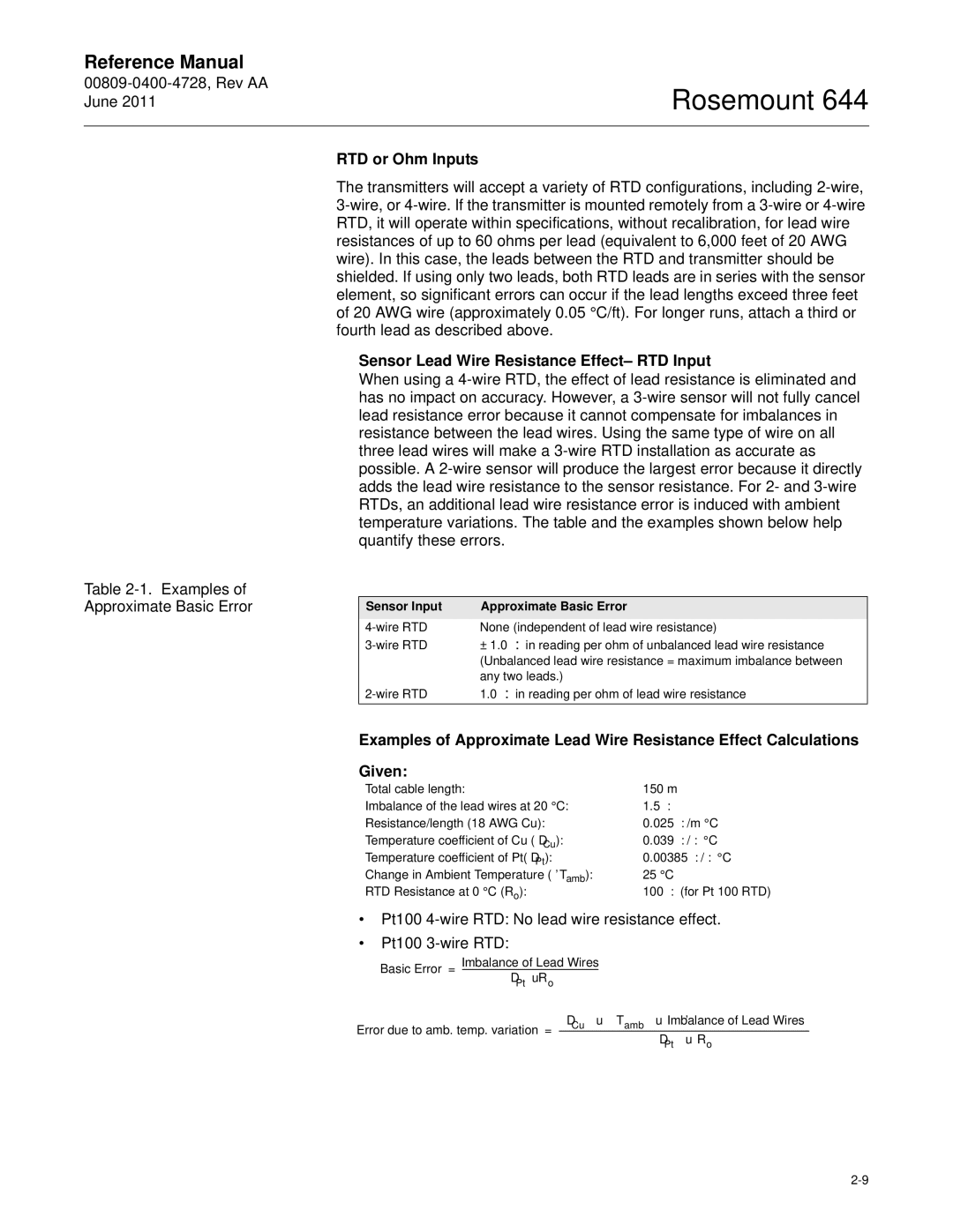 Emerson 644 manual RTD or Ohm Inputs, Sensor Lead Wire Resistance Effect- RTD Input, Sensor Input Approximate Basic Error 