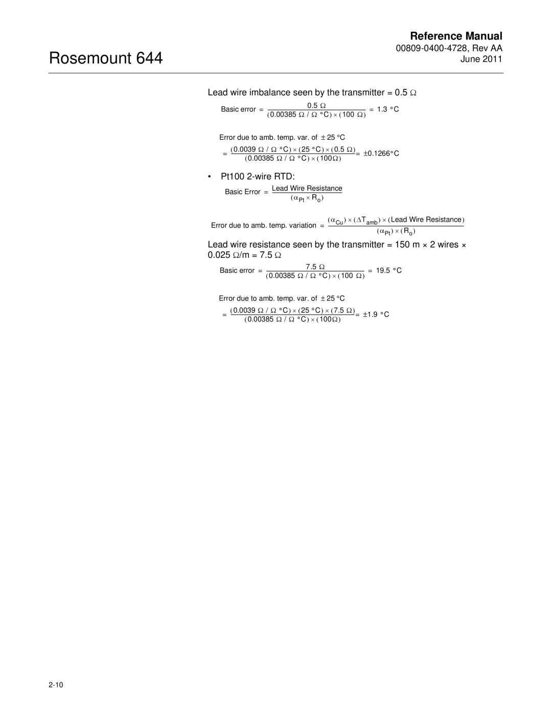 Emerson 644 manual Pt100 2-wire RTD, Error due to amb. temp. var. of ± 25 C 