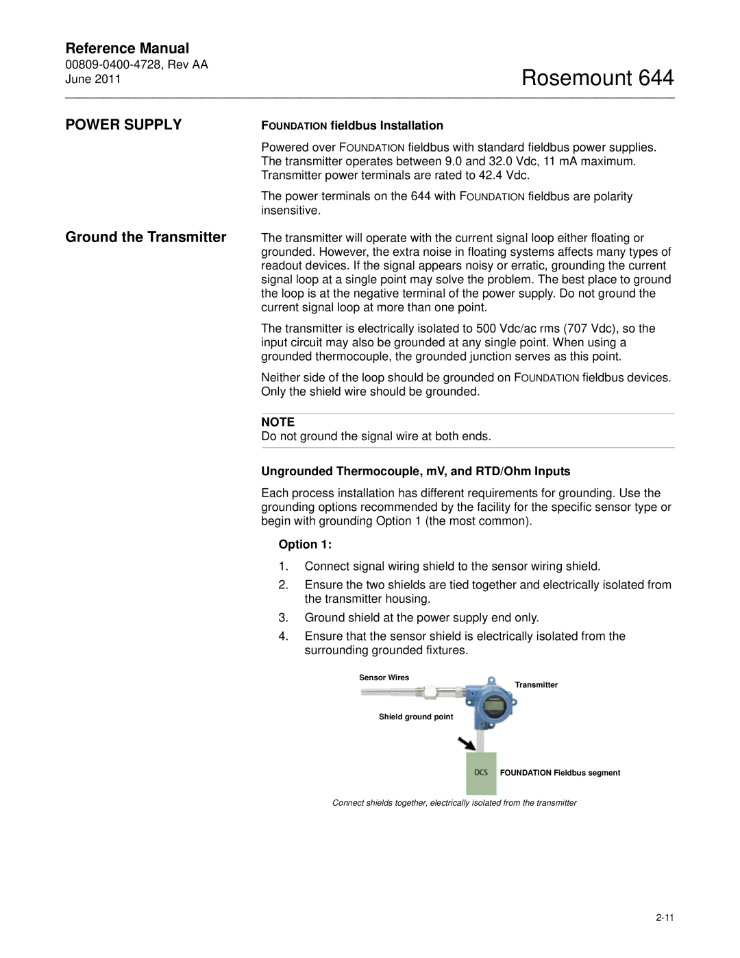 Emerson 644 manual Power Supply, Ground the Transmitter, Foundation fieldbus Installation, Option 