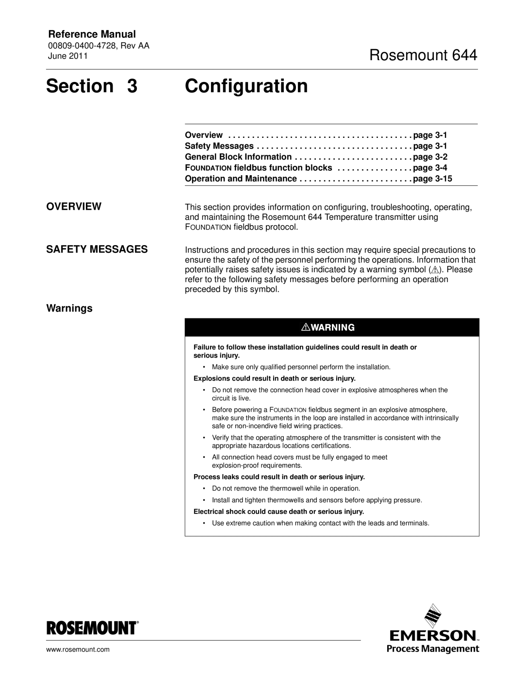 Emerson 644 manual Section Configuration, Overview Safety Messages 