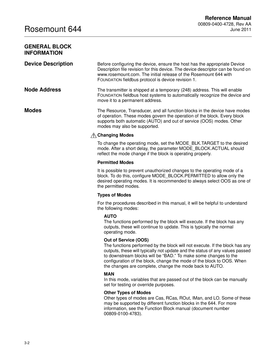 Emerson 644 manual General Block Information, Device Description Node Address, Modes, Auto, Man 