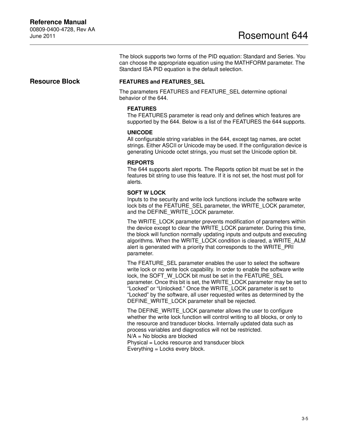 Emerson 644 manual Resource Block, Features, Unicode, Reports, Soft W Lock 