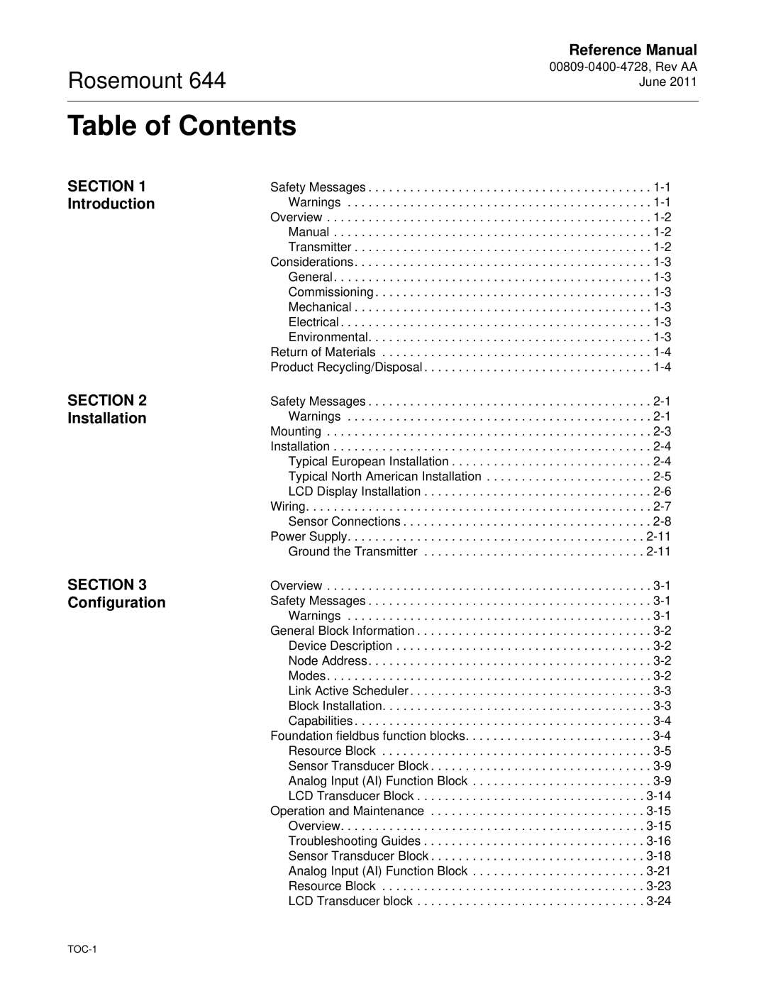 Emerson 644 manual Table of Contents 