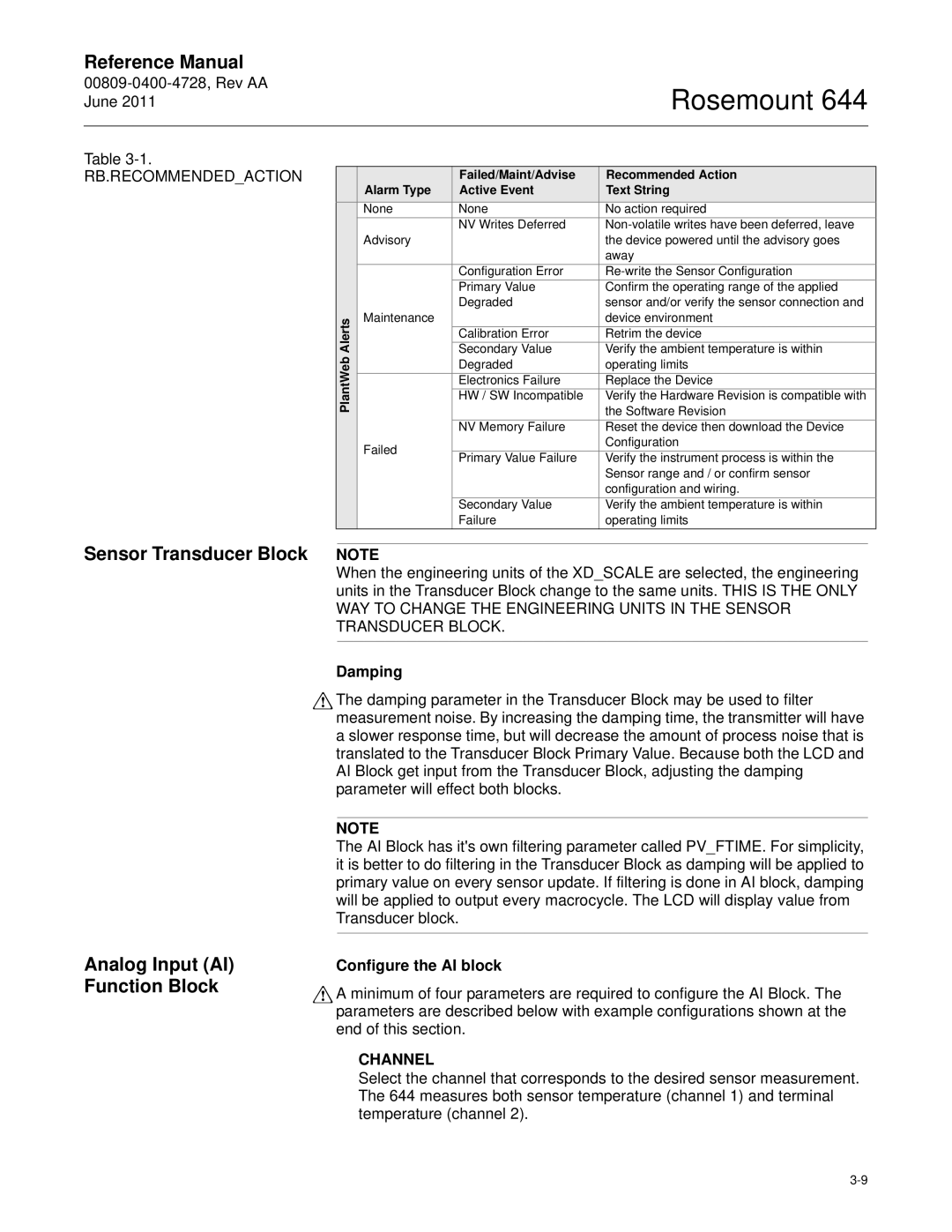 Emerson 644 manual Sensor Transducer Block, Analog Input AI Function Block, Damping, Configure the AI block, Channel 