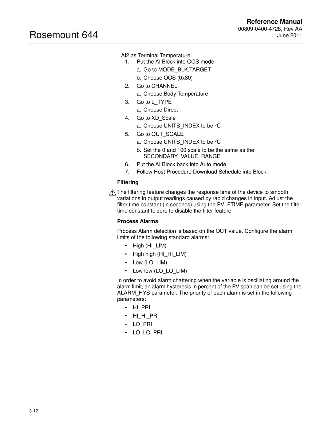 Emerson 644 manual Filtering, Process Alarms 