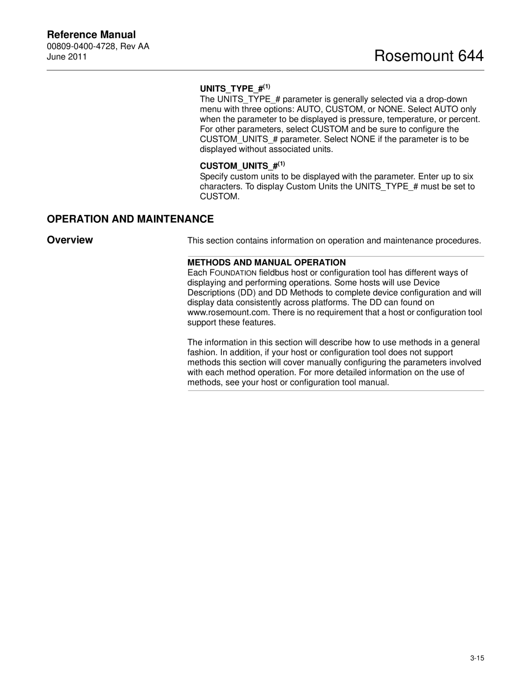 Emerson 644 manual Operation and Maintenance, Overview, UNITSTYPE#1, CUSTOMUNITS#1, Methods and Manual Operation 