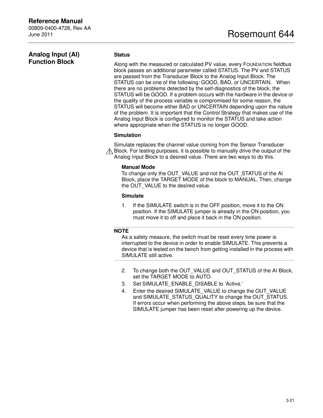 Emerson 644 manual Status, Simulation, Manual Mode, Simulate 