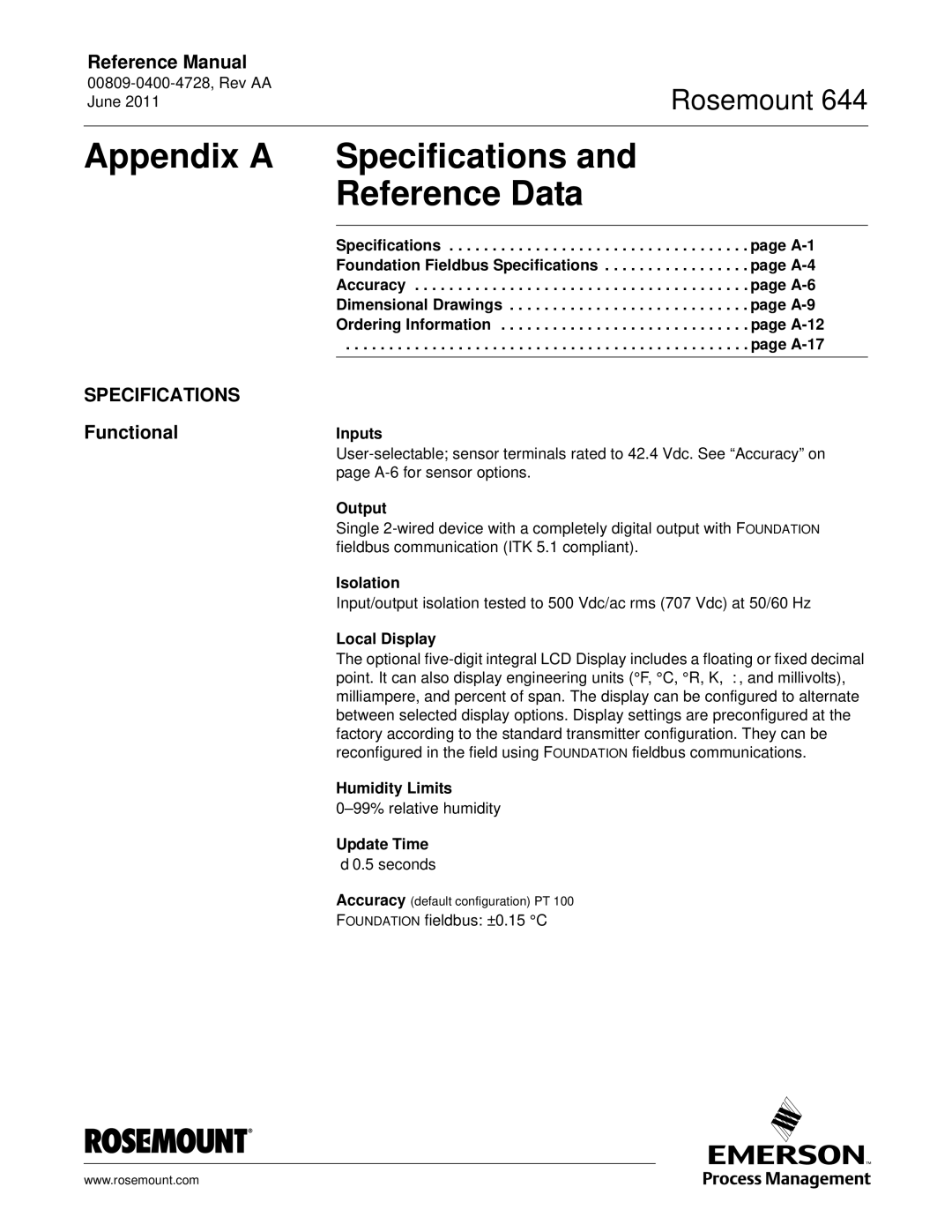 Emerson 644 manual Appendix a Specifications Reference Data, FunctionalInputs 