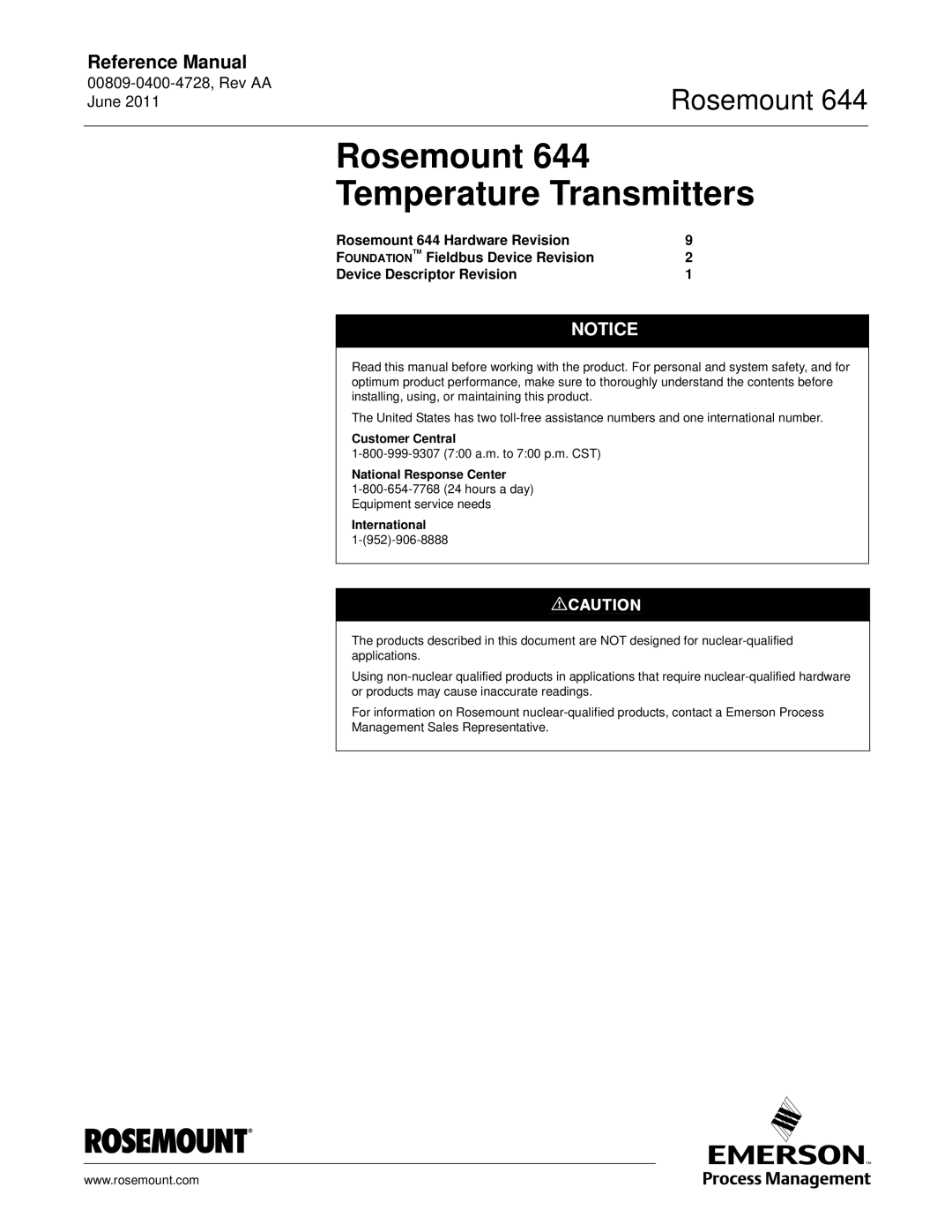 Emerson 644 manual Rosemount Temperature Transmitters, Customer Central National Response Center International 