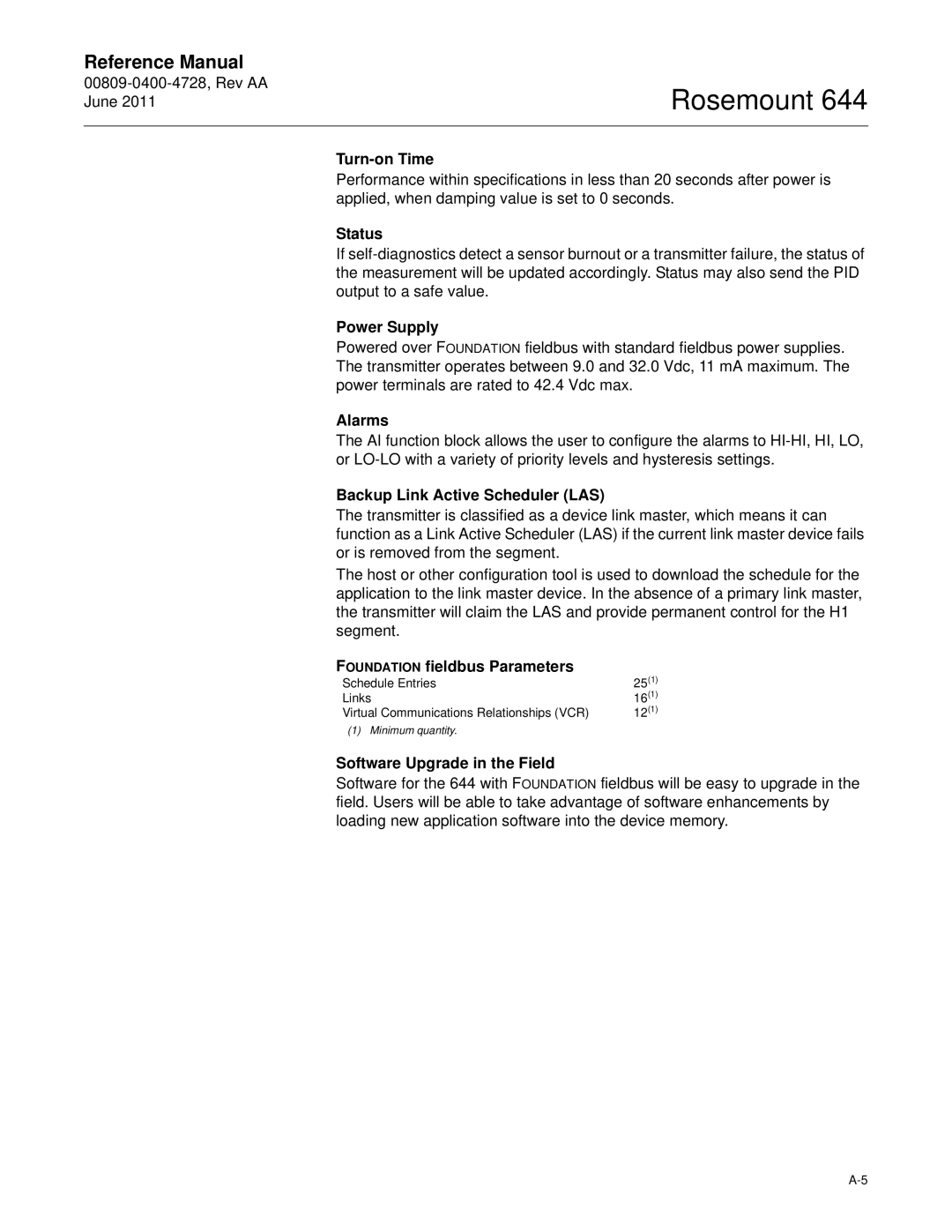 Emerson 644 manual Turn-on Time, Power Supply, Alarms, Backup Link Active Scheduler LAS, Foundation fieldbus Parameters 