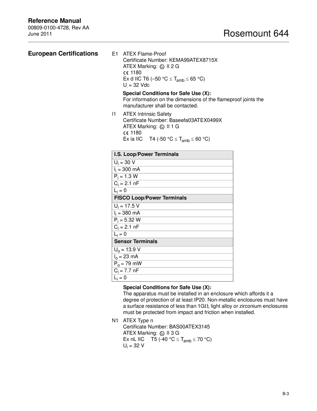 Emerson 644 European Certifications, Special Conditions for Safe Use, Fisco Loop/Power Terminals, Sensor Terminals 