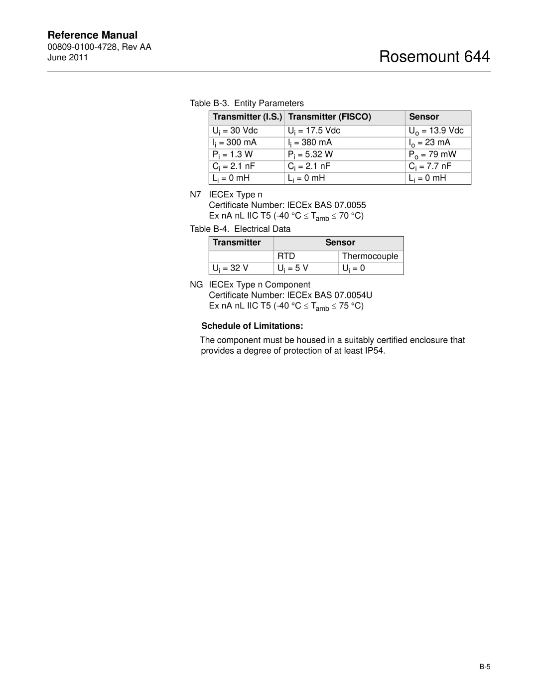 Emerson 644 manual Table B-3. Entity Parameters, Transmitter I.S Transmitter Fisco Sensor, Transmitter Sensor 