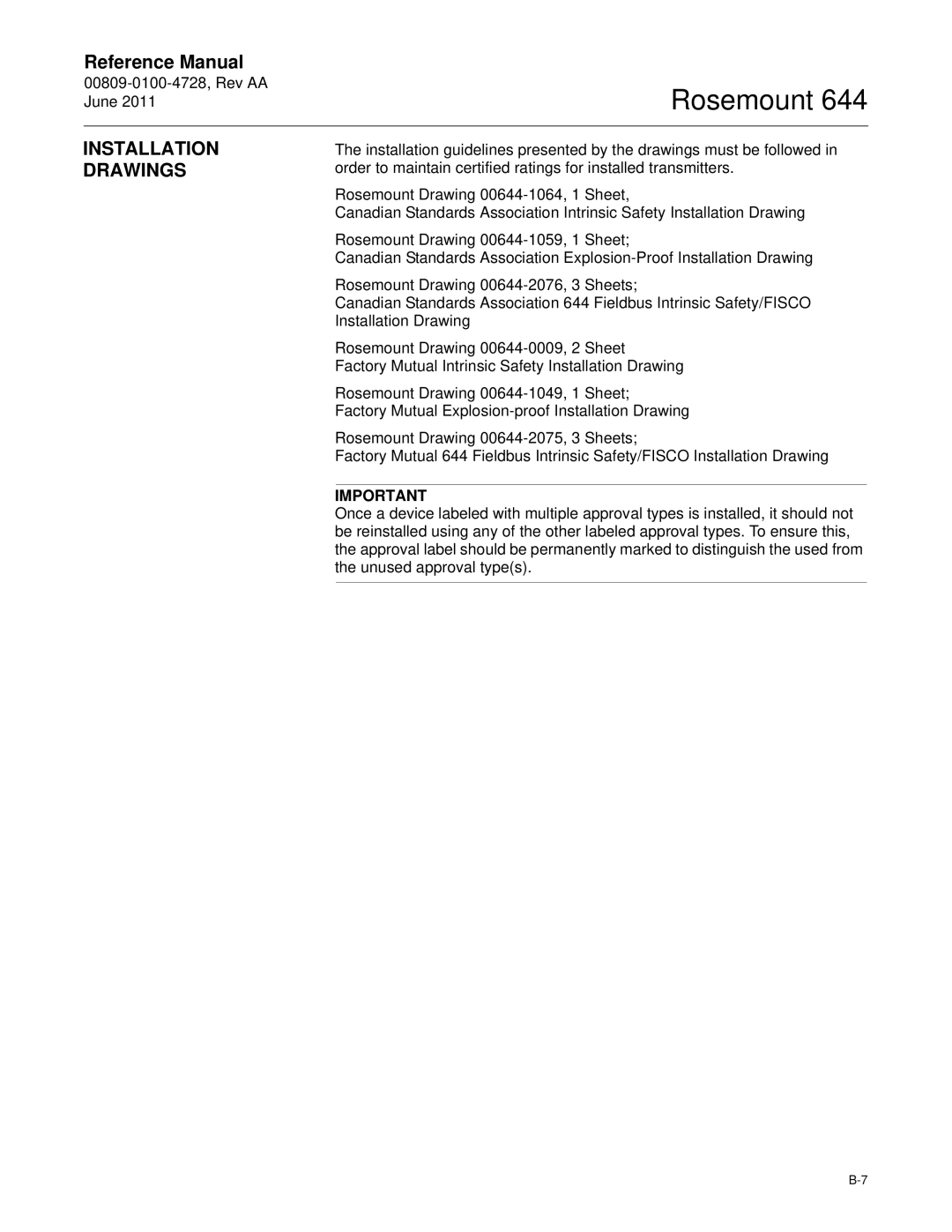 Emerson 644 manual Installation Drawings 