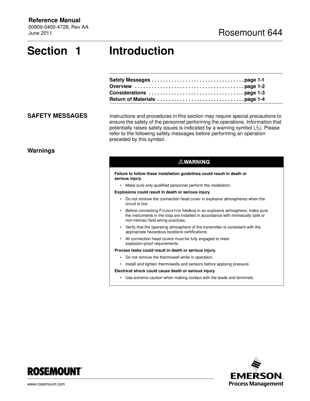 Emerson 644 manual Section Introduction, Safety Messages, Explosions could result in death or serious injury 