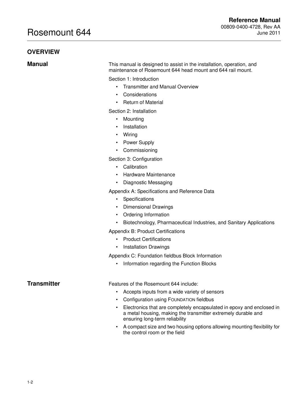 Emerson 644 manual Overview, Manual, Transmitter 