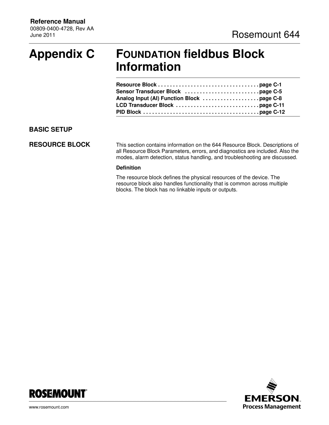 Emerson 644 manual Appendix C Foundation fieldbus Block Information, Basic Setup Resource Block, Definition 