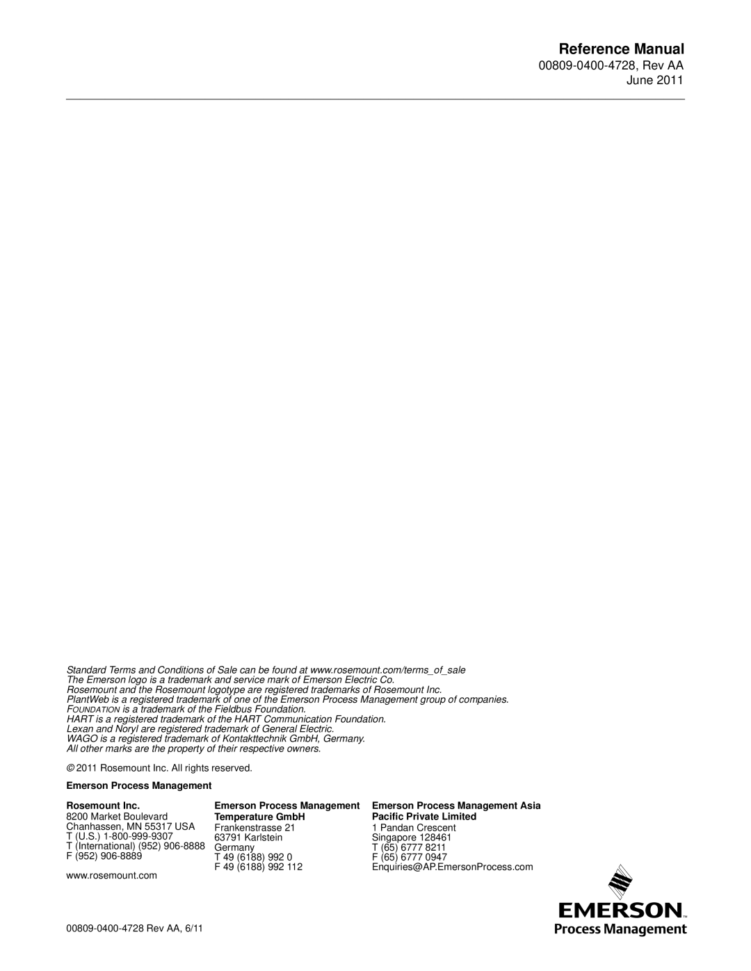 Emerson 644 manual Emerson Process Management Rosemount Inc, Temperature GmbH Pacific Private Limited 