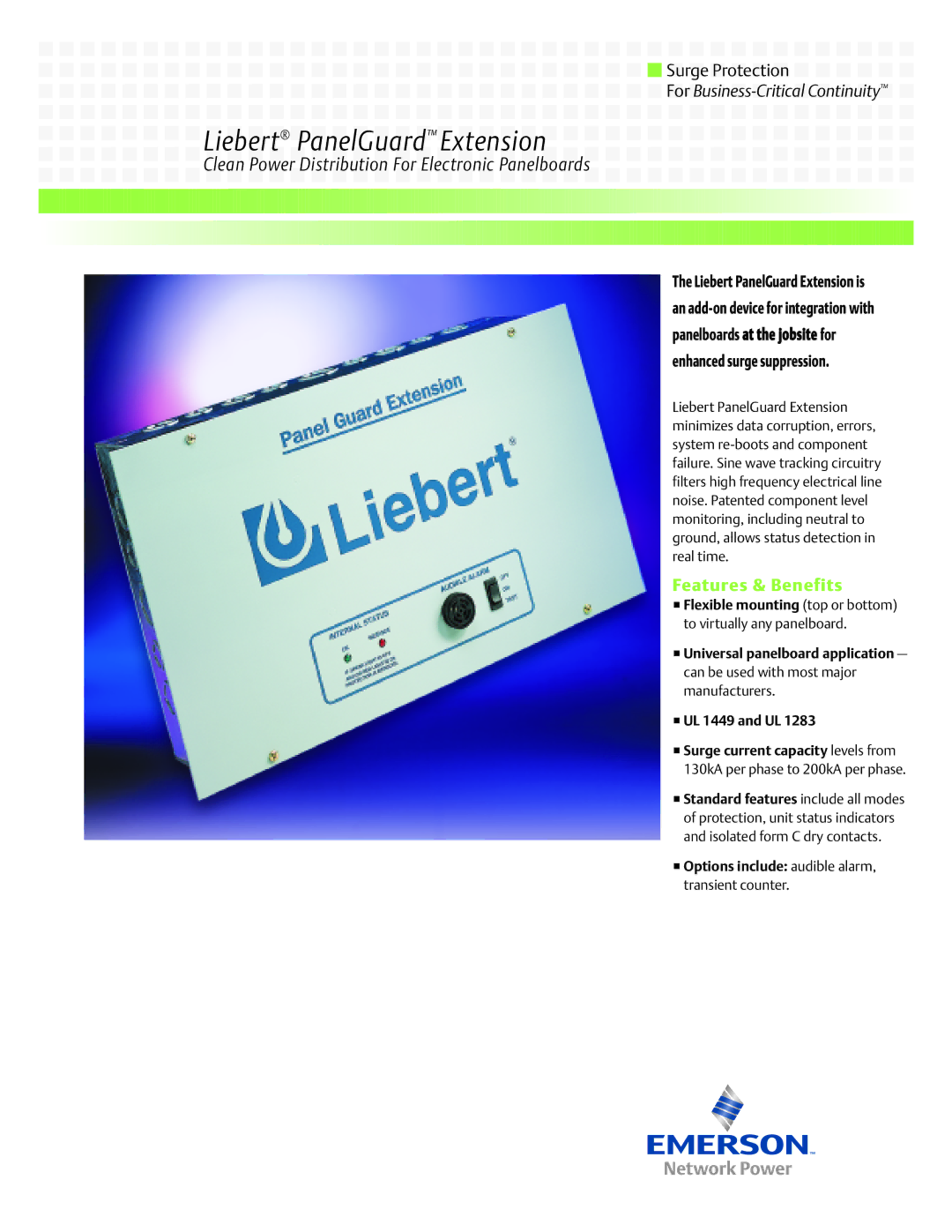 Emerson 65 manual Features & Benefits, UL 1449 and UL, Options include audible alarm 