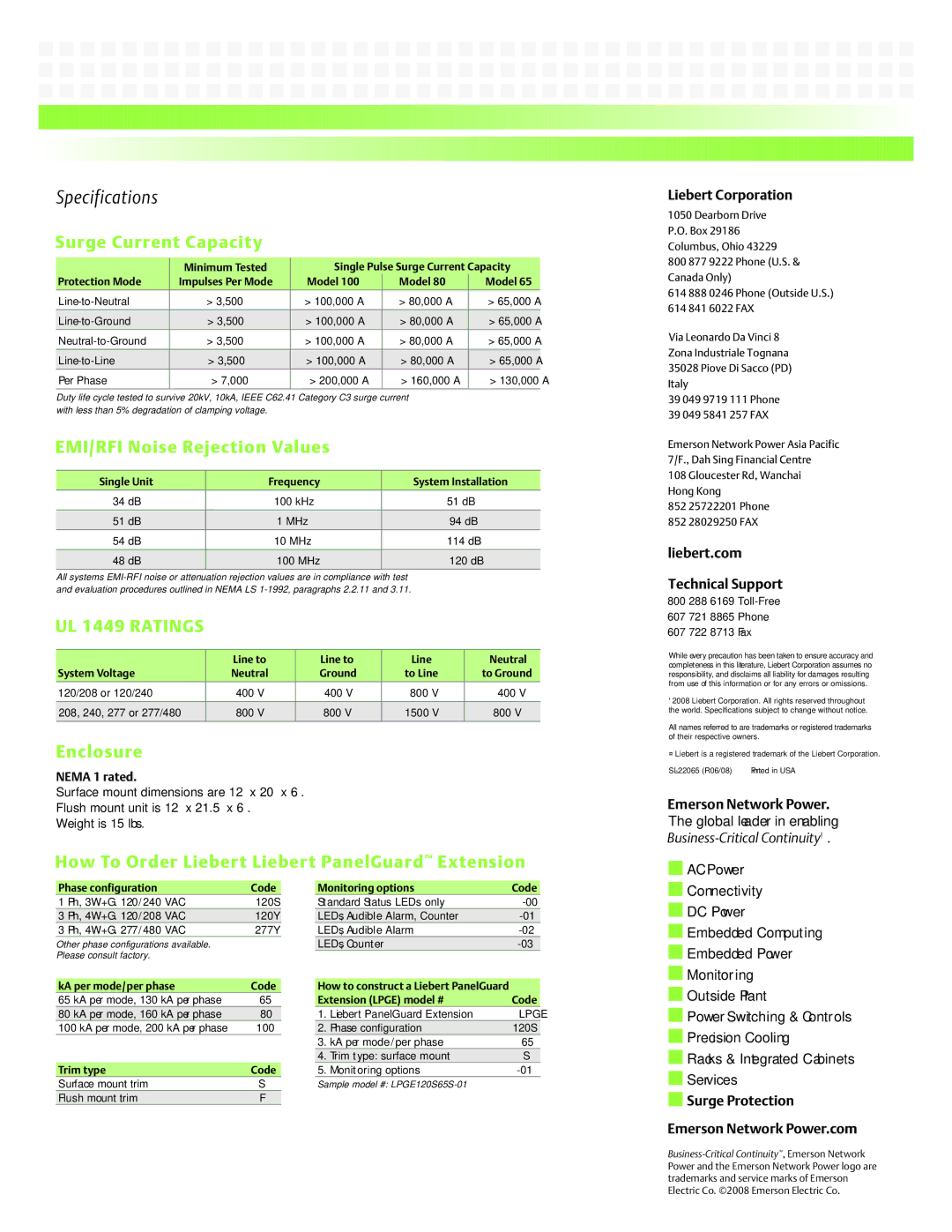 Emerson 65 manual Surge Current Capacity, EMI/RFI Noise Rejection Values, Enclosure 