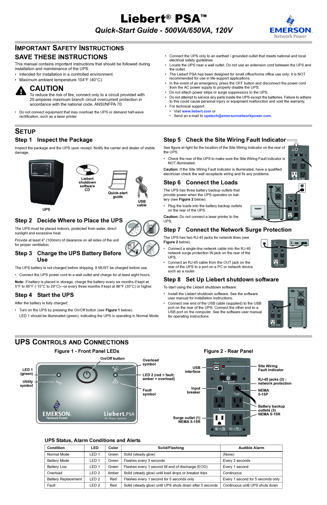 Emerson 500VA, 650VA quick start Important Safety Instructions, Setup, UPS Controls and Connections 