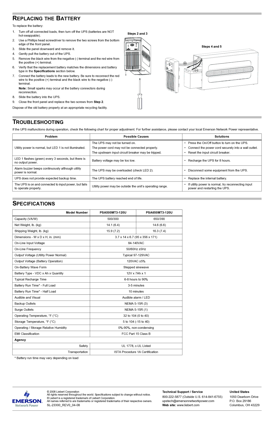 Emerson 650VA, 500VA quick start Replacing the Battery, Troubleshooting, Specifications 