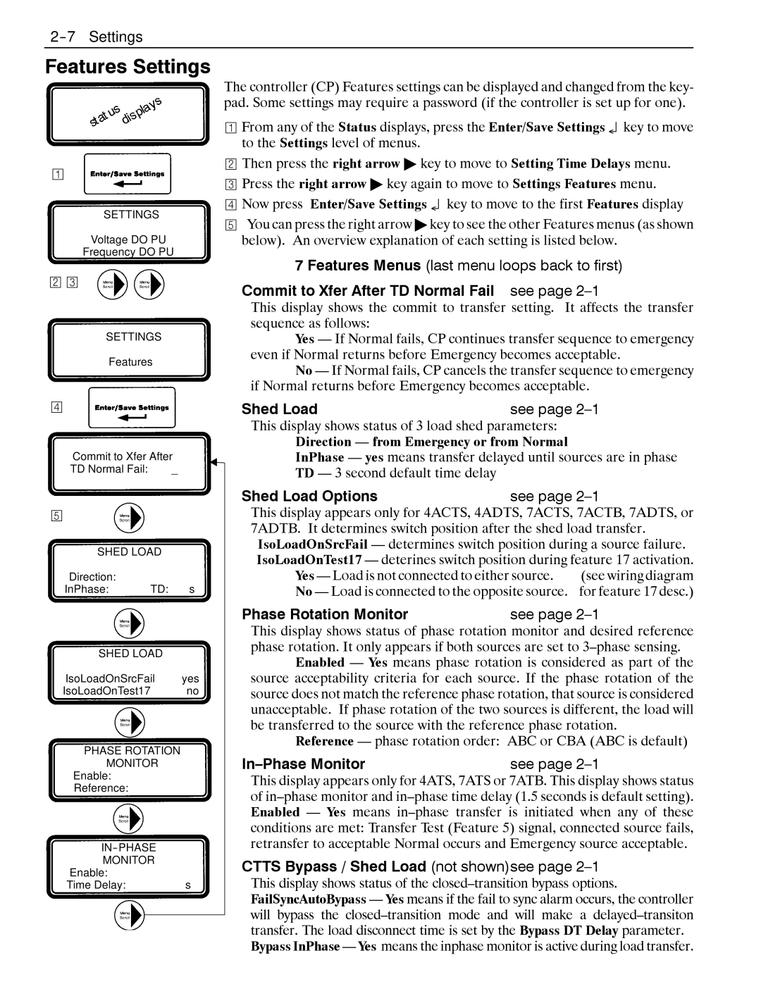 Emerson 7000 Commit to Xfer After TD Normal Fail see, Shed Load Options, Phase Rotation Monitor, In-Phase Monitor 