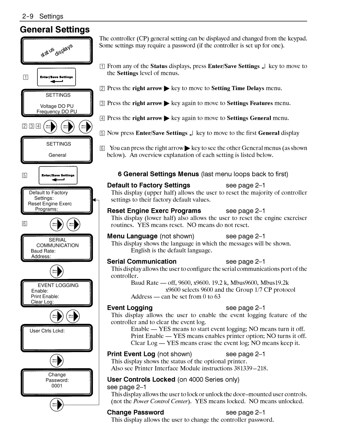 Emerson 7000, 4000 Default to Factory Settings, Reset Engine Exerc Programs, Menu Language not shown, Serial Communication 