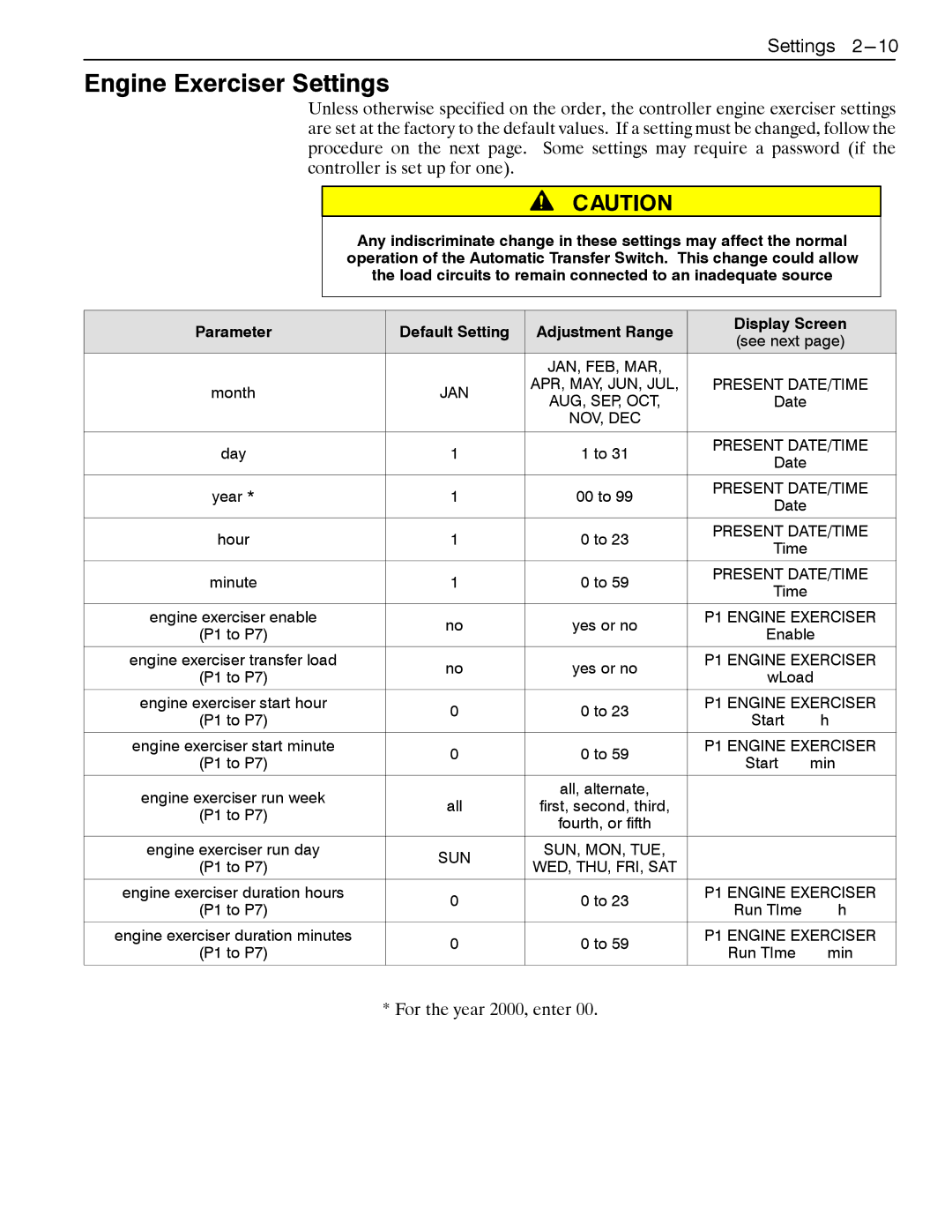 Emerson 4000, 7000 appendix Engine Exerciser Settings, Jan, Present DATE/TIME, P1 Engine Exerciser, Sun Sun, Mon, Tue 