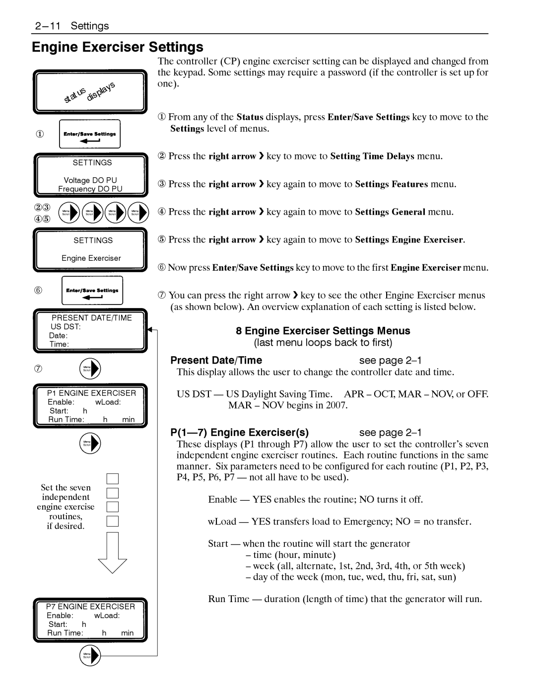 Emerson 7000, 4000 appendix Engine Exerciser Settings Menus, Present Date/Time, P1-7 Engine Exercisers 