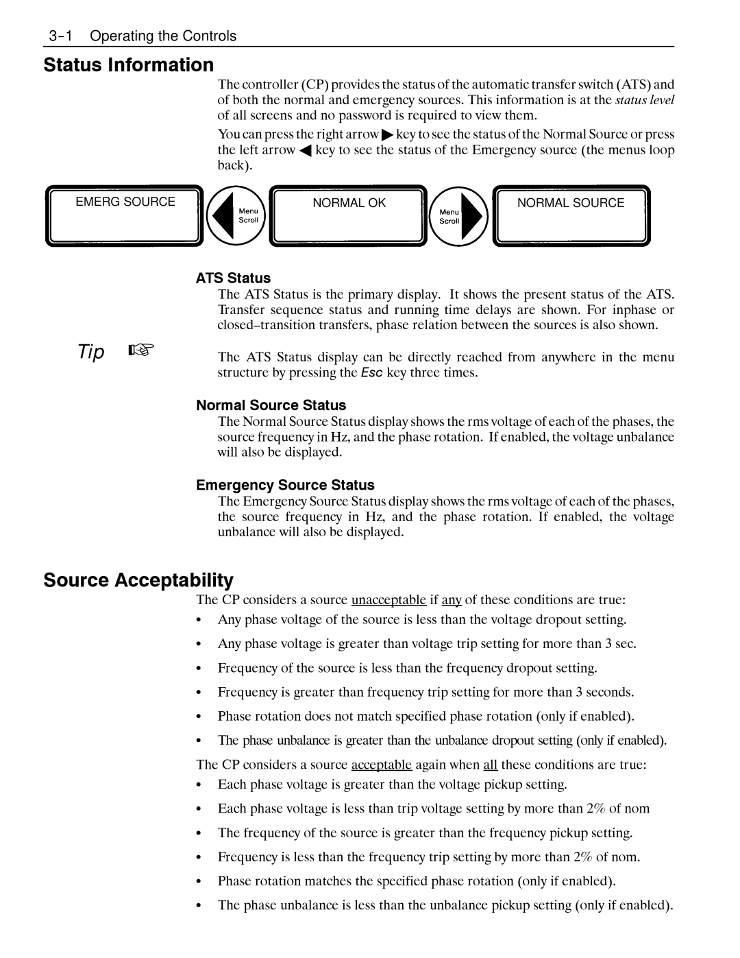 Emerson 7000, 4000 Status Information, Source Acceptability, ATS Status, Normal Source Status, Emergency Source Status 