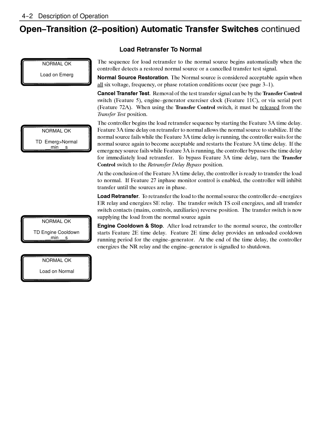 Emerson 7000, 4000 appendix Open-Transition 2-position Automatic Transfer Switches, Load Retransfer To Normal 