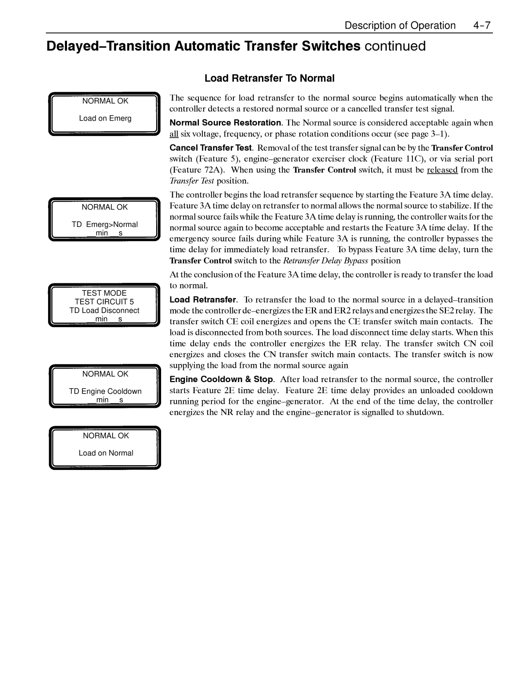 Emerson 4000, 7000 appendix Delayed-Transition Automatic Transfer Switches, Load Retransfer To Normal 