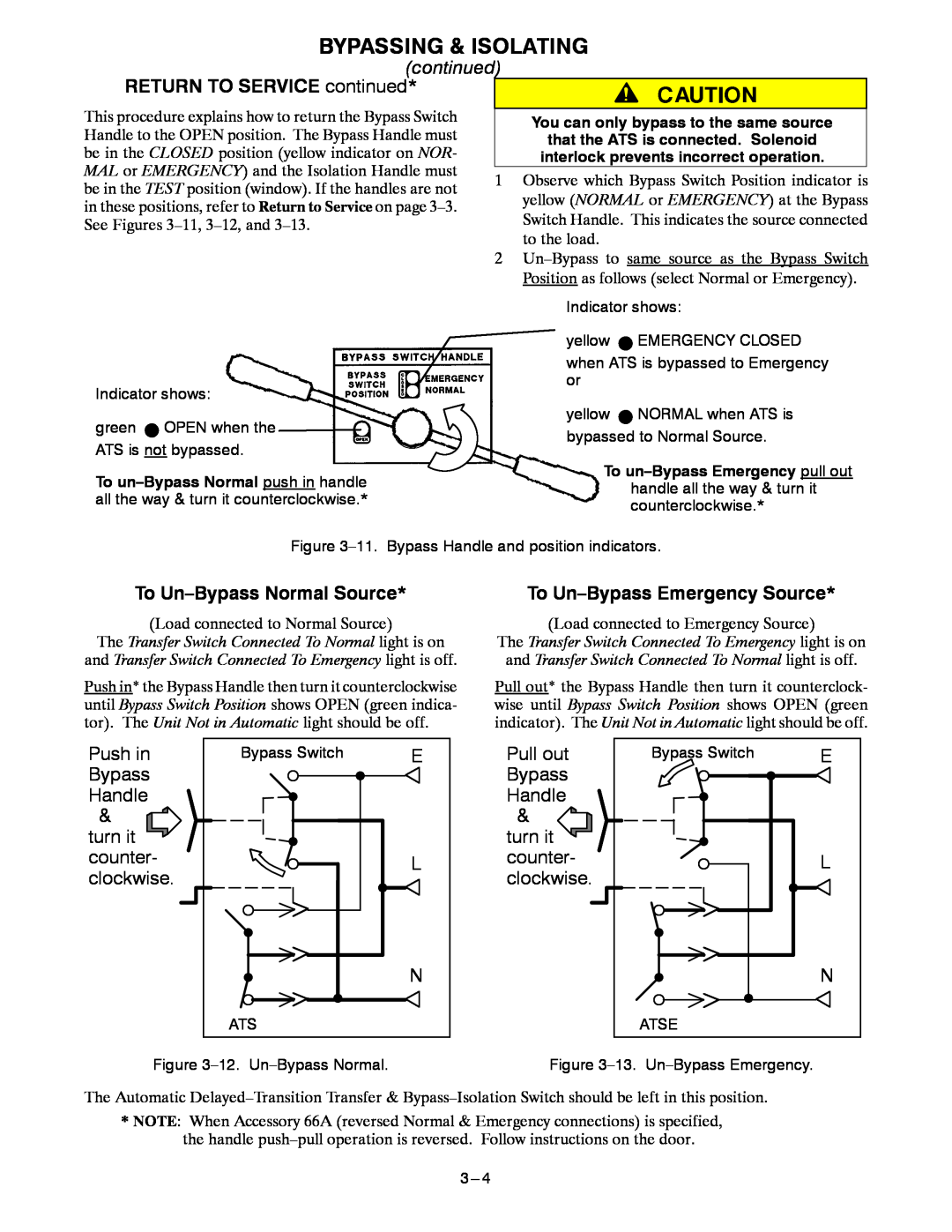 Emerson 7000 SERIES 7ADTB manual RETURN TO SERVICE continued, To Un-Bypass Normal Source, To Un-Bypass Emergency Source 